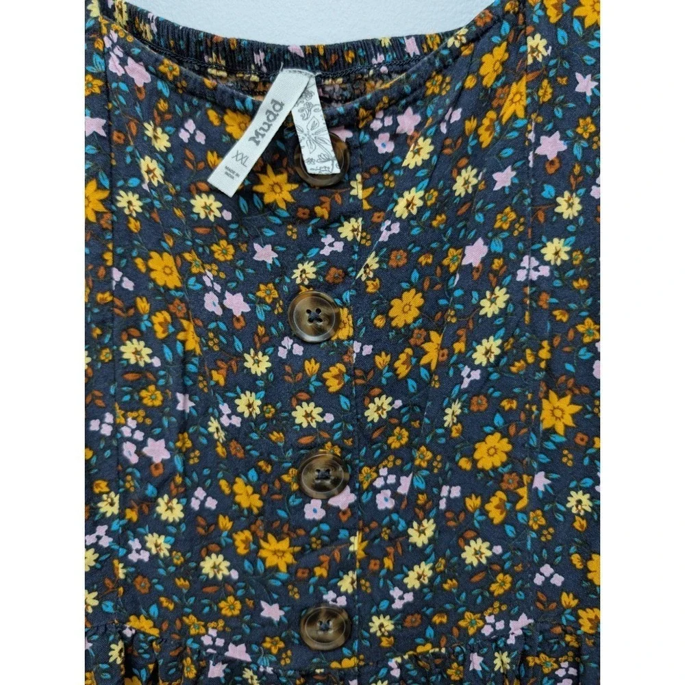 DR1 Mudd Blue Floral Long Sleeve Ruched Back Babydoll Peasant‎ Dress Sz XXL